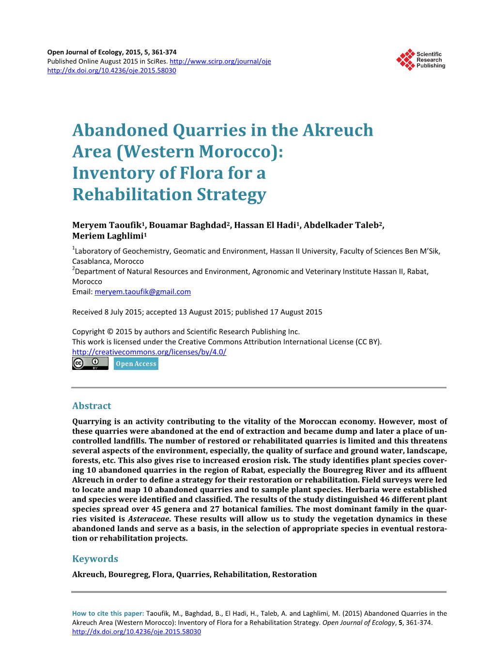 Abandoned Quarries in the Akreuch Area (Western Morocco): Inventory of Flora for a Rehabilitation Strategy