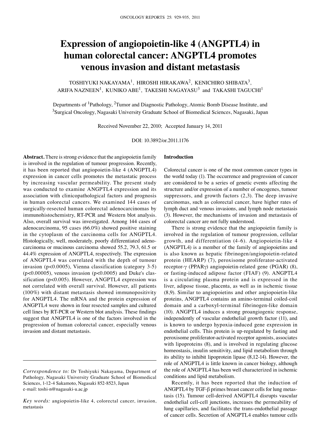 Expression of Angiopoietin-Like 4 (ANGPTL4) in Human Colorectal Cancer: ANGPTL4 Promotes Venous Invasion and Distant Metastasis