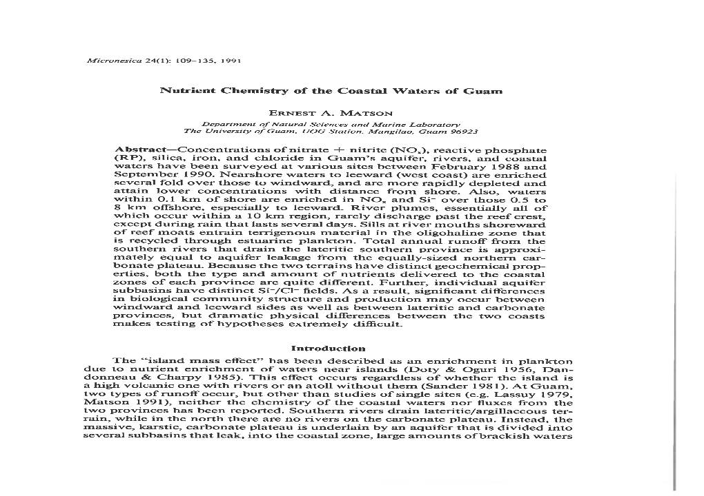 Nutrient Chemistry of the Coastal Waters of Guam