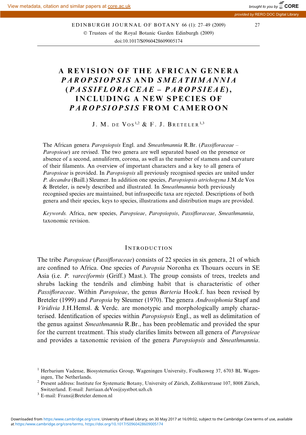 A Revision of the African Genera Paropsiopsis and Smeathmannia ( Passifloraceae – Paropsieae), Including a New Species of Paropsiopsis from Cameroon