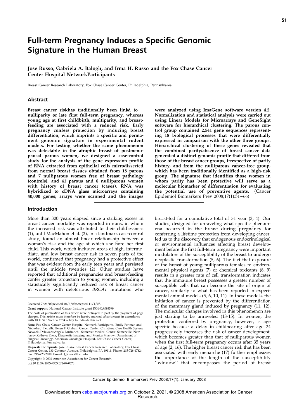 Full-Term Pregnancy Induces a Specific Genomic Signature in the Human Breast