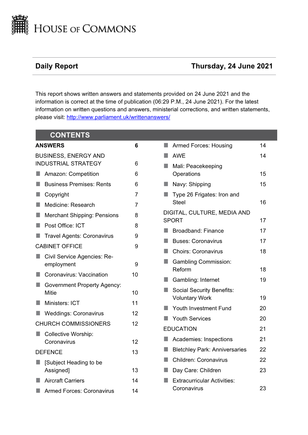 Daily Report Thursday, 24 June 2021 CONTENTS