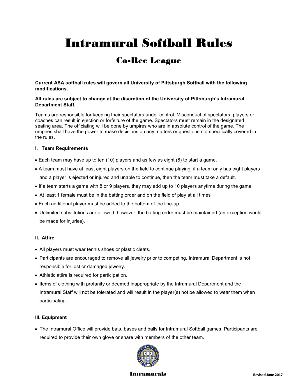 Intramural Softball Rules Co-Rec League