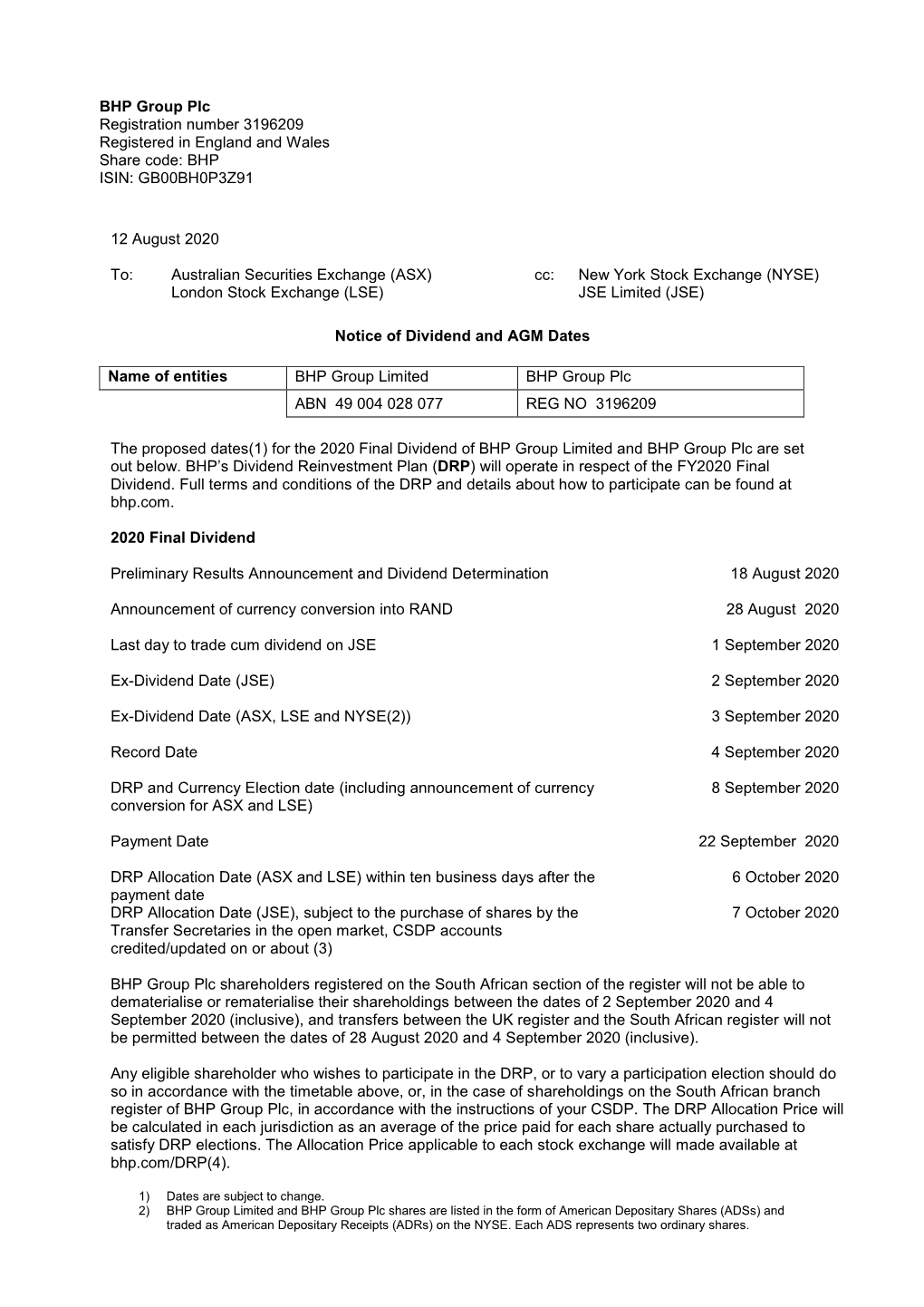 Australian Securities Exchange (ASX) Cc: New York Stock Exchange (NYSE) London Stock Exchange (LSE) JSE Limited (JSE)