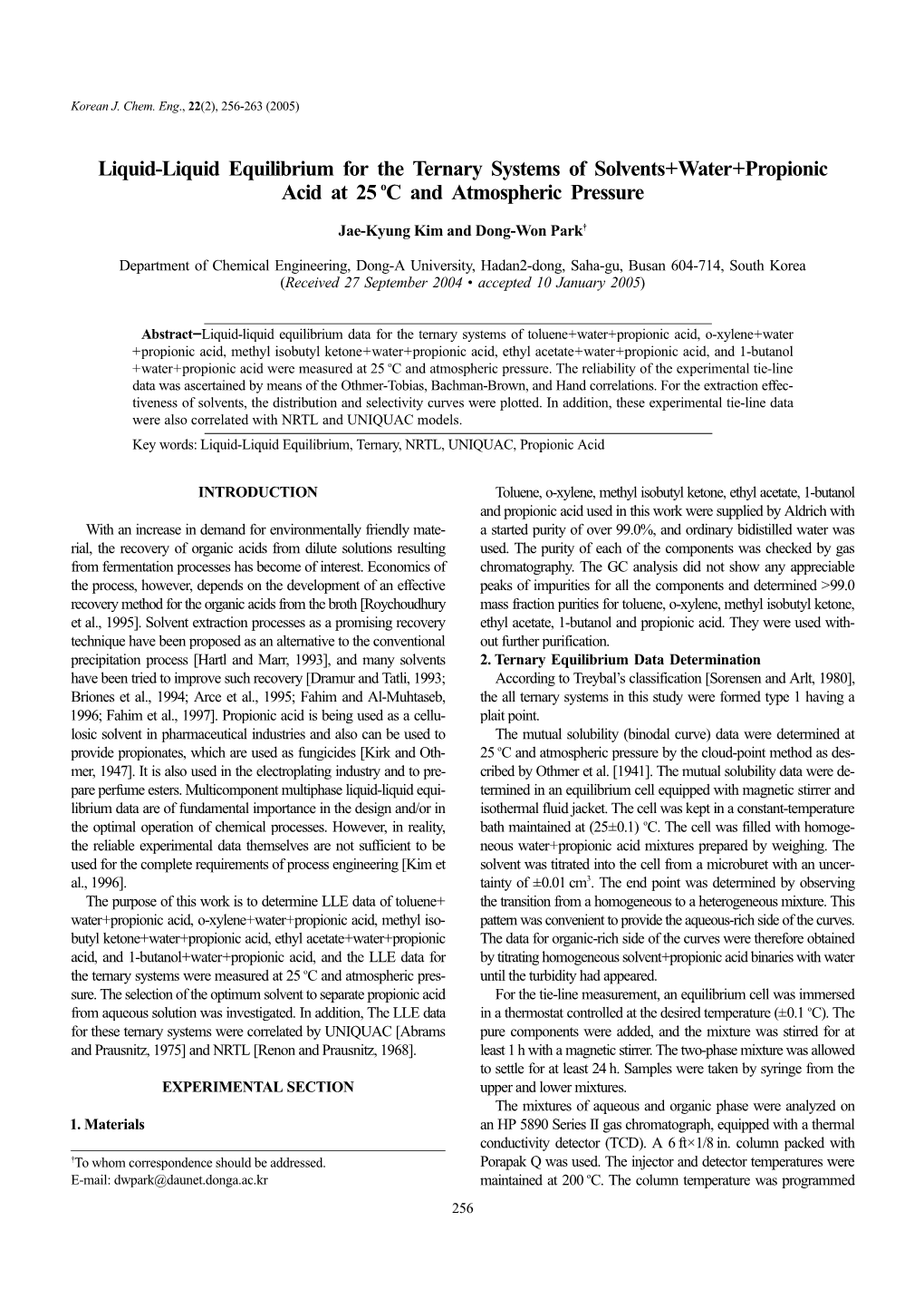 Liquid-Liquid Equilibrium for the Ternary Systems of Solvents+Water+Propionic Acid at 25 Oc and Atmospheric Pressure