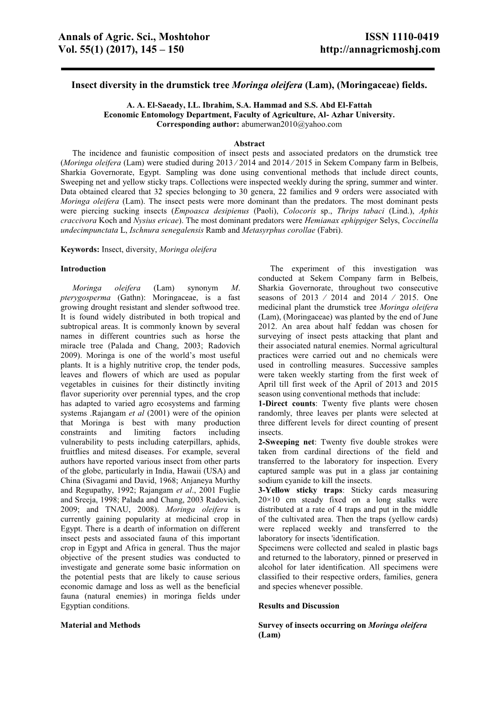 Annals of Agric. Sci., Moshtohor ISSN 1110-0419 Vol. 55(1) (2017), 145 – 150