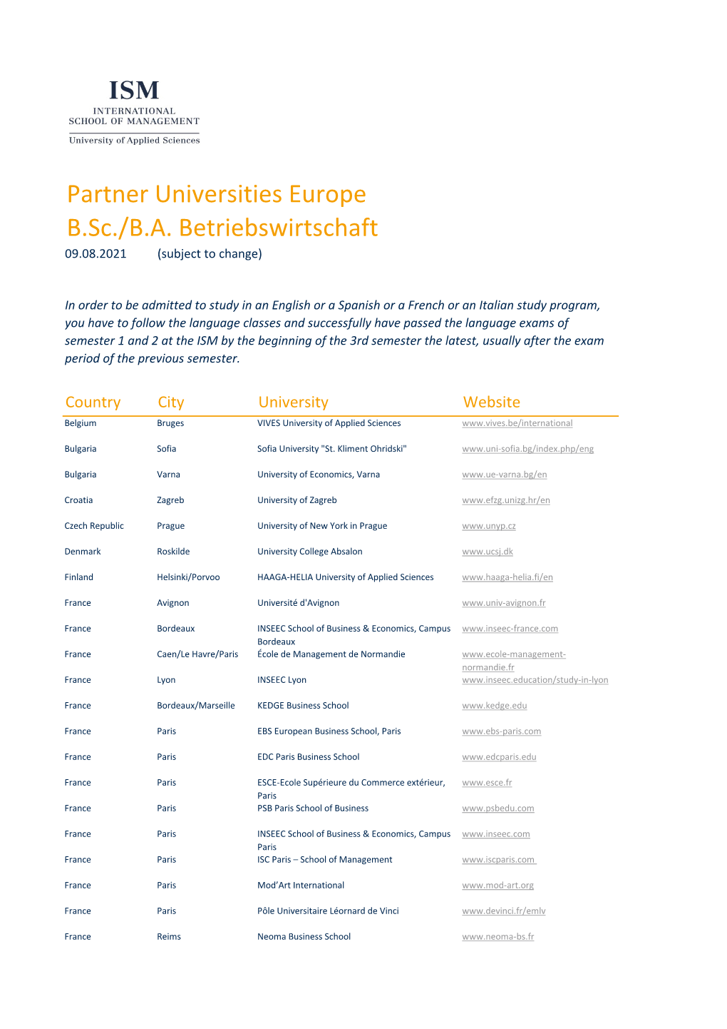 Partner Universities Europe B.Sc./B.A. Betriebswirtschaft 09.08.2021 (Subject to Change)