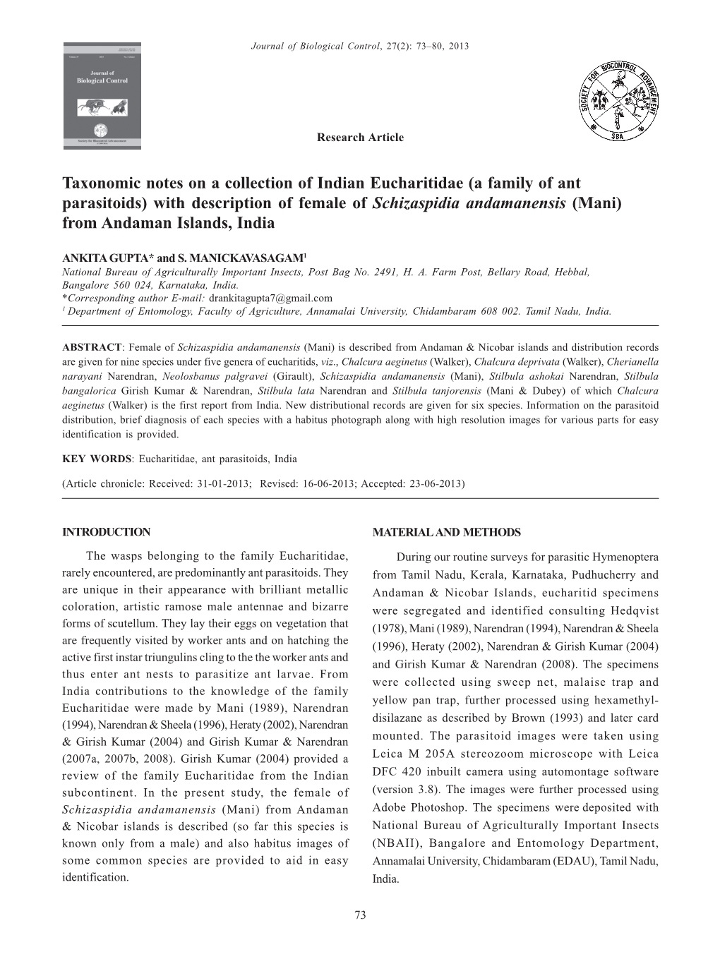 Taxonomic Notes on a Collection of Indian Eucharitidae (A Family of Ant