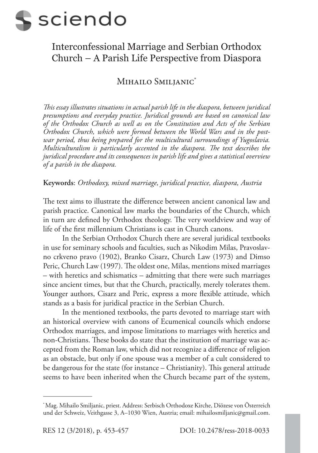 Interconfessional Marriage and Serbian Orthodox Church – a Parish Life Perspective from Diaspora