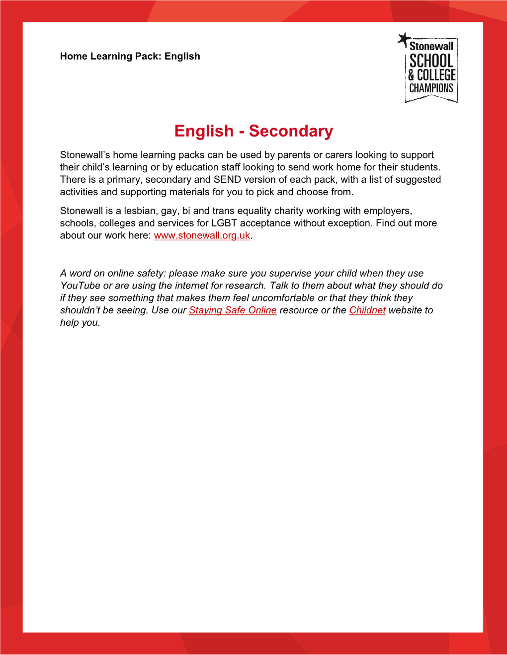 English Home Learning Pack