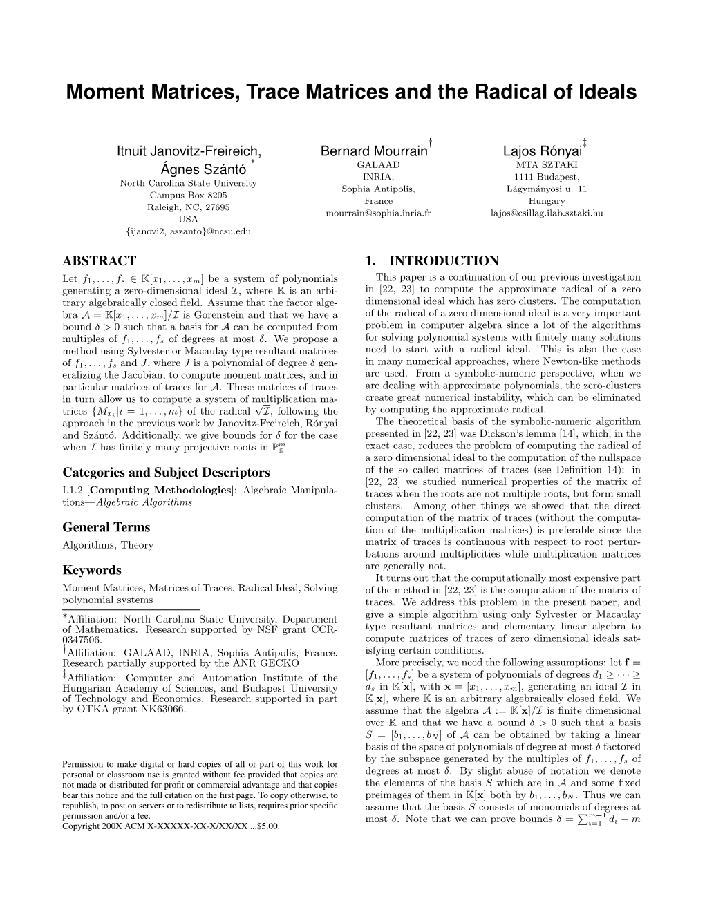 Moment Matrices, Trace Matrices and the Radical of Ideals