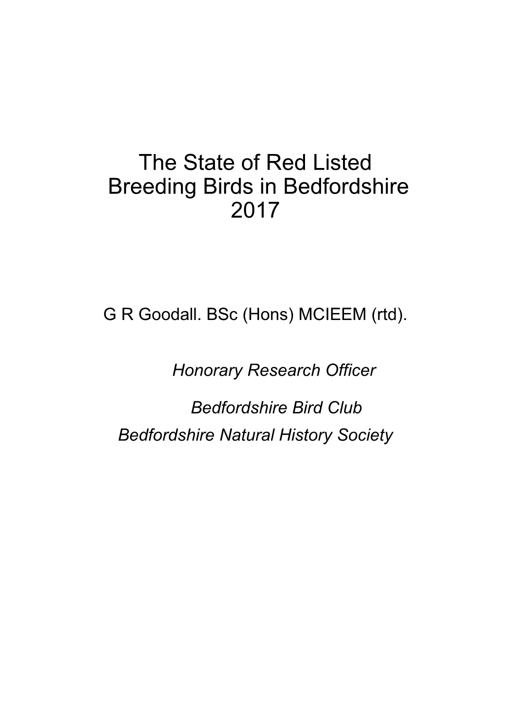 The State of Red Listed Breeding Birds in Bedfordshire 2017