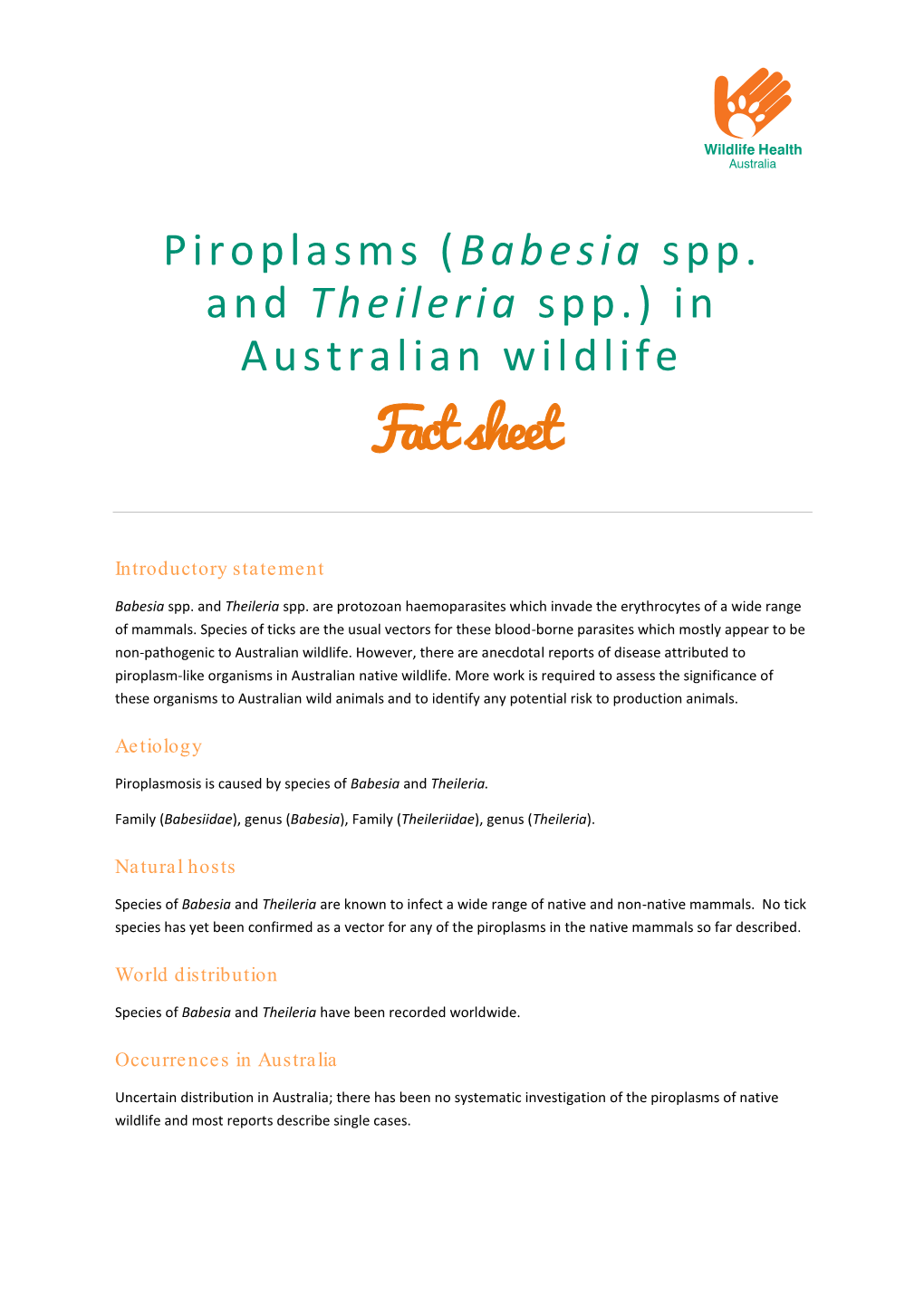 (Babesia Spp. and Theileria Spp.) in Australian Wildlife Fact Sheet