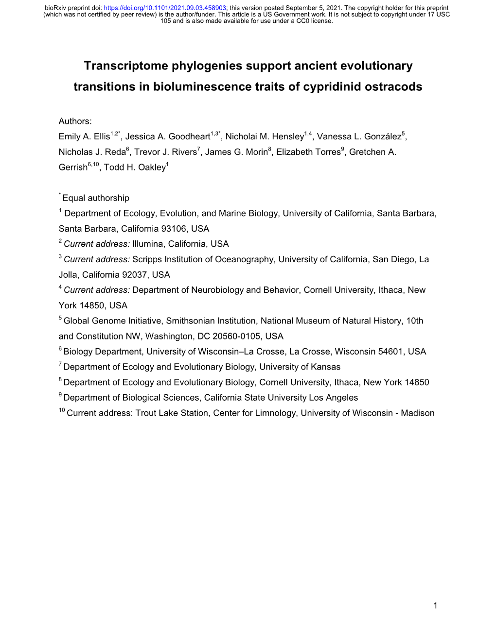 Transcriptome Phylogenies Support Ancient Evolutionary Transitions in Bioluminescence Traits of Cypridinid Ostracods