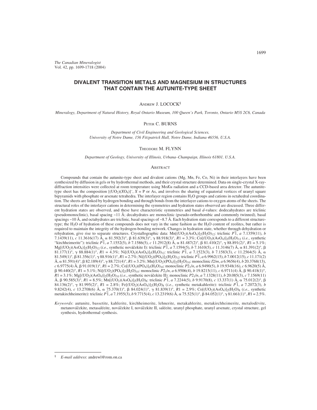 Divalent Transition Metals and Magnesium in Structures That Contain the Autunite-Type Sheet