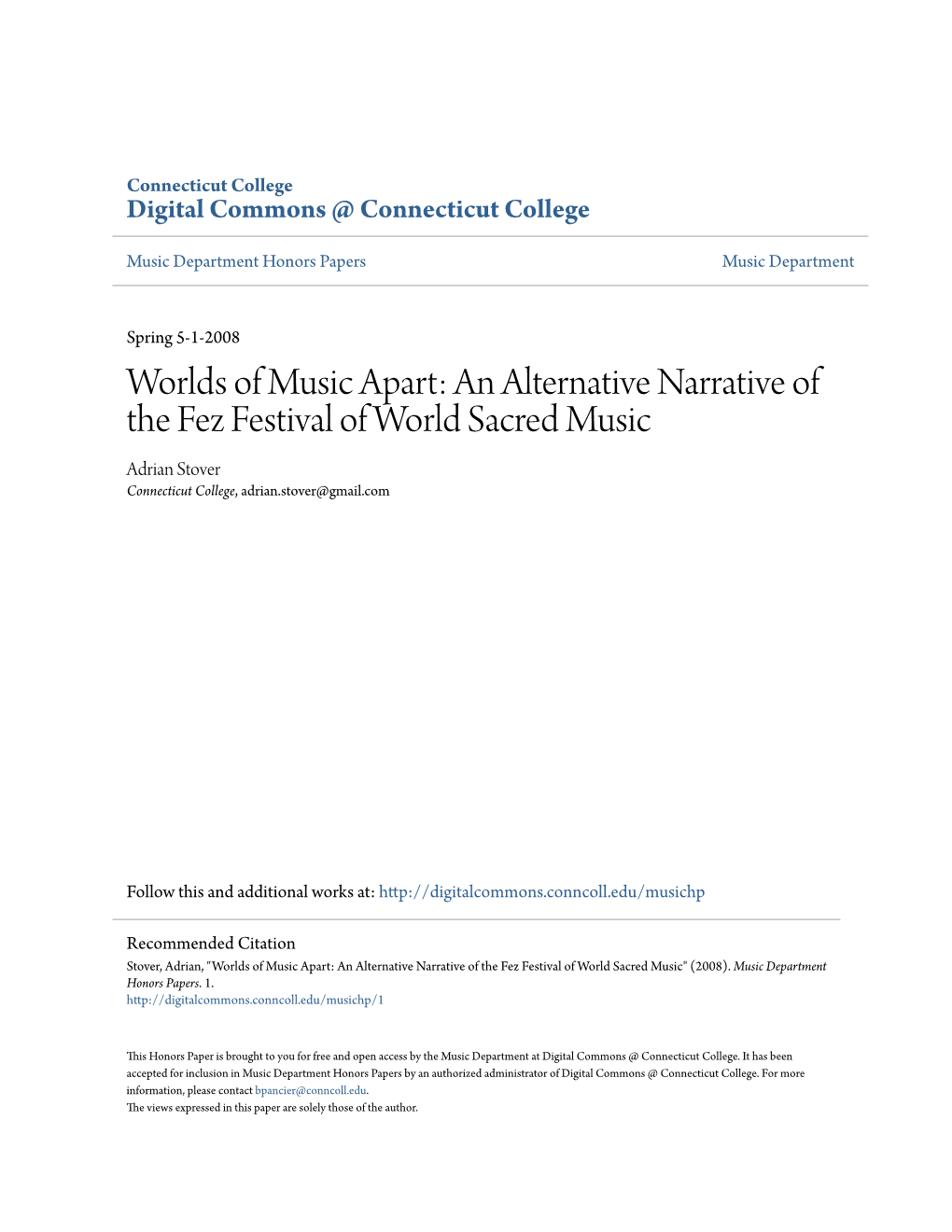 An Alternative Narrative of the Fez Festival of World Sacred Music Adrian Stover Connecticut College, Adrian.Stover@Gmail.Com