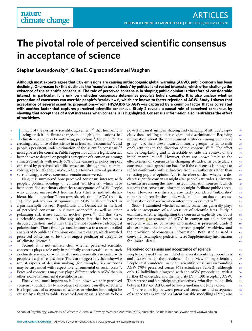 The Pivotal Role of Perceived Scientific Consensus in Acceptance of Science