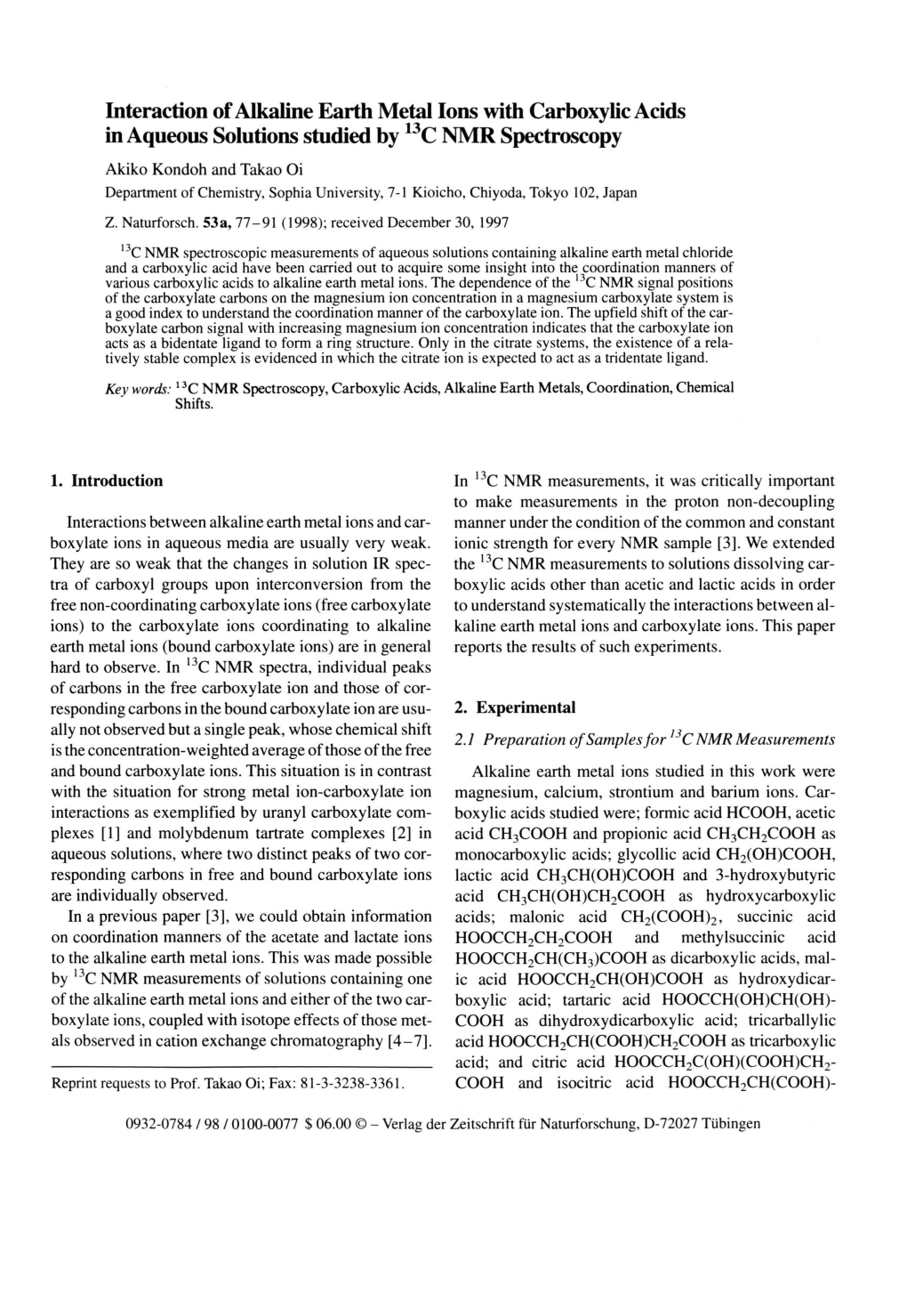 Interaction of Alkaline Earth Metal Ions with Carboxylic Acids in Aqueous