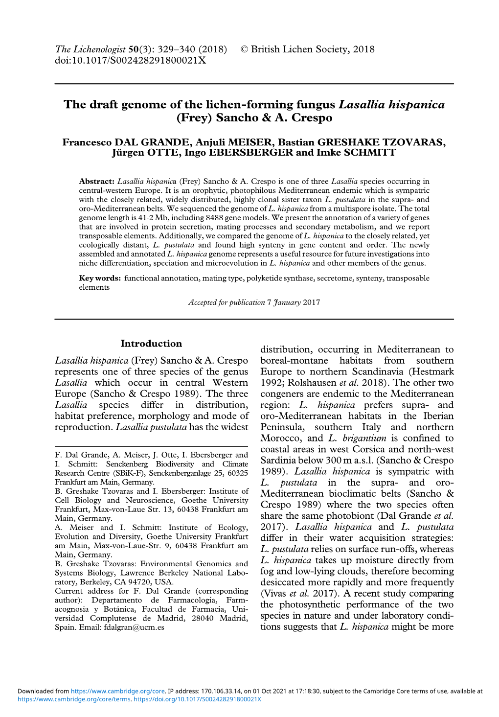 The Draft Genome of the Lichen-Forming Fungus Lasallia Hispanica (Frey) Sancho & A