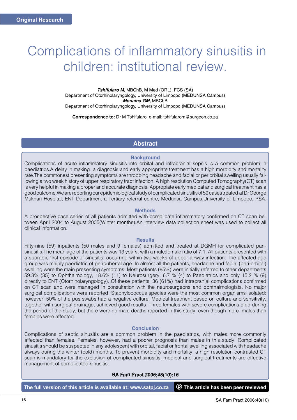 Complications of Inflammatory Sinusitis in Children: Institutional Review