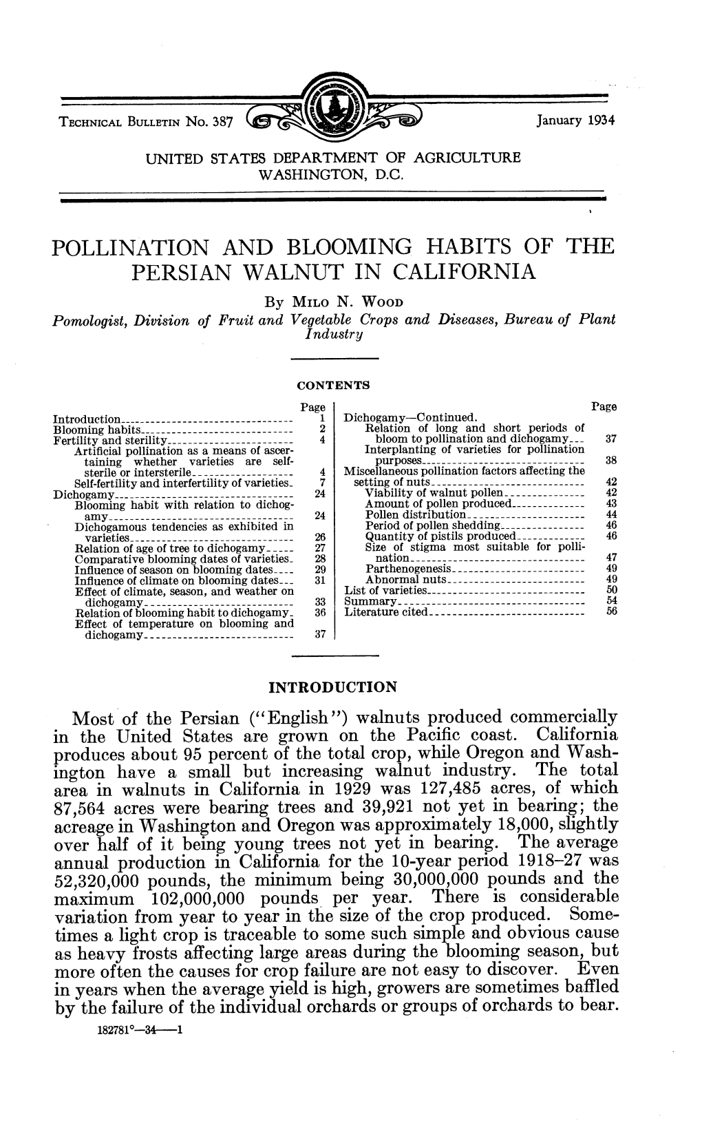 Pollination and Blooming Habits of the Persian Walnut in California