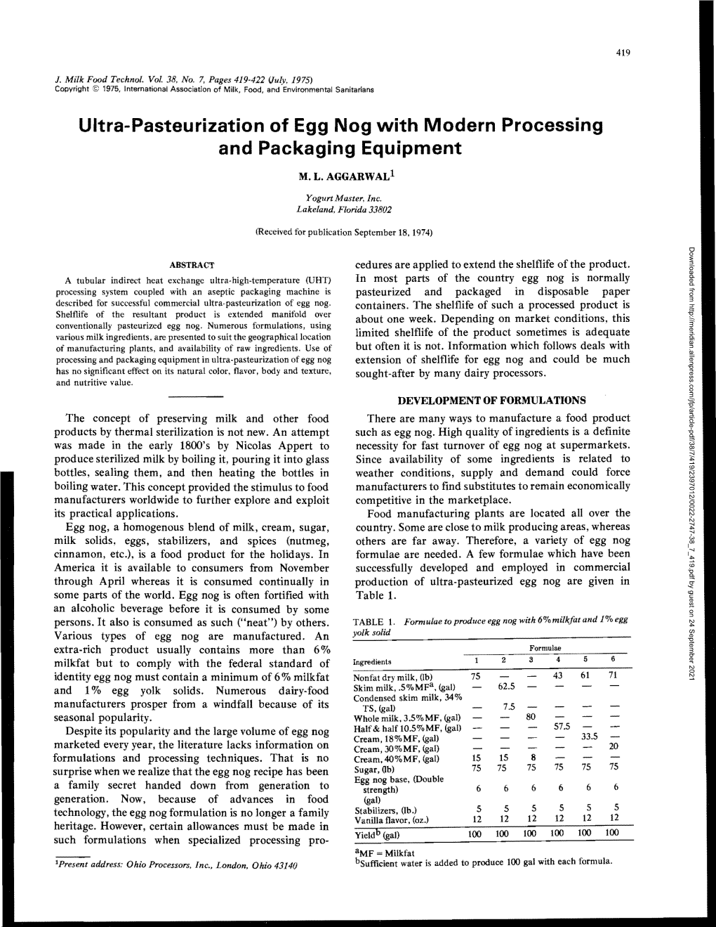 Ultra-Pasteurization of Egg Nog with Modern Processing and Packaging Equipment