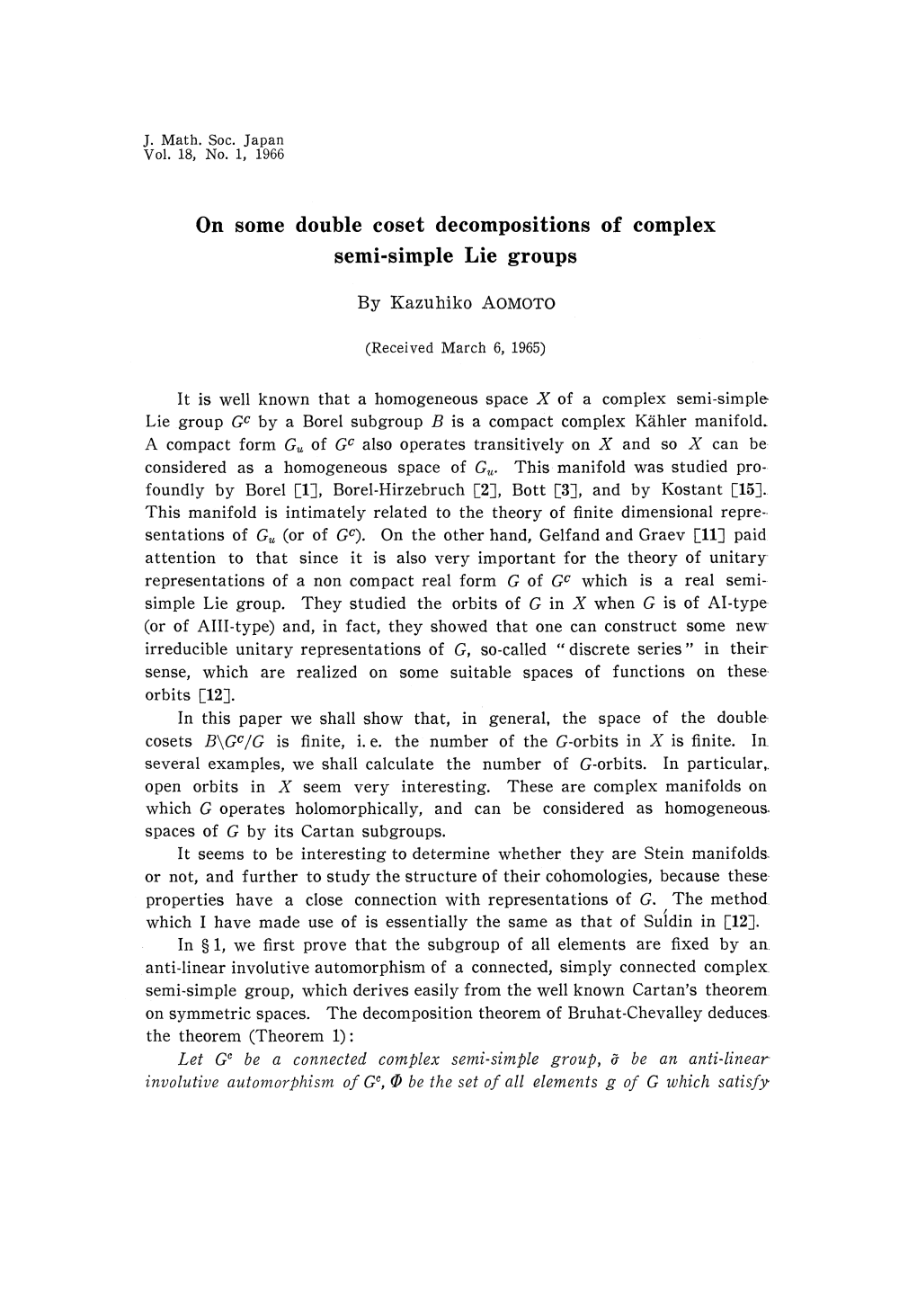 On Some Double Coset Decompositions of Complex Semi-Simple Lie Groups