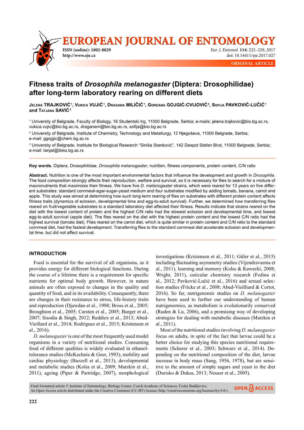 Fitness Traits of Drosophila Melanogaster (Diptera: Drosophilidae) After Long-Term Laboratory Rearing on Different Diets