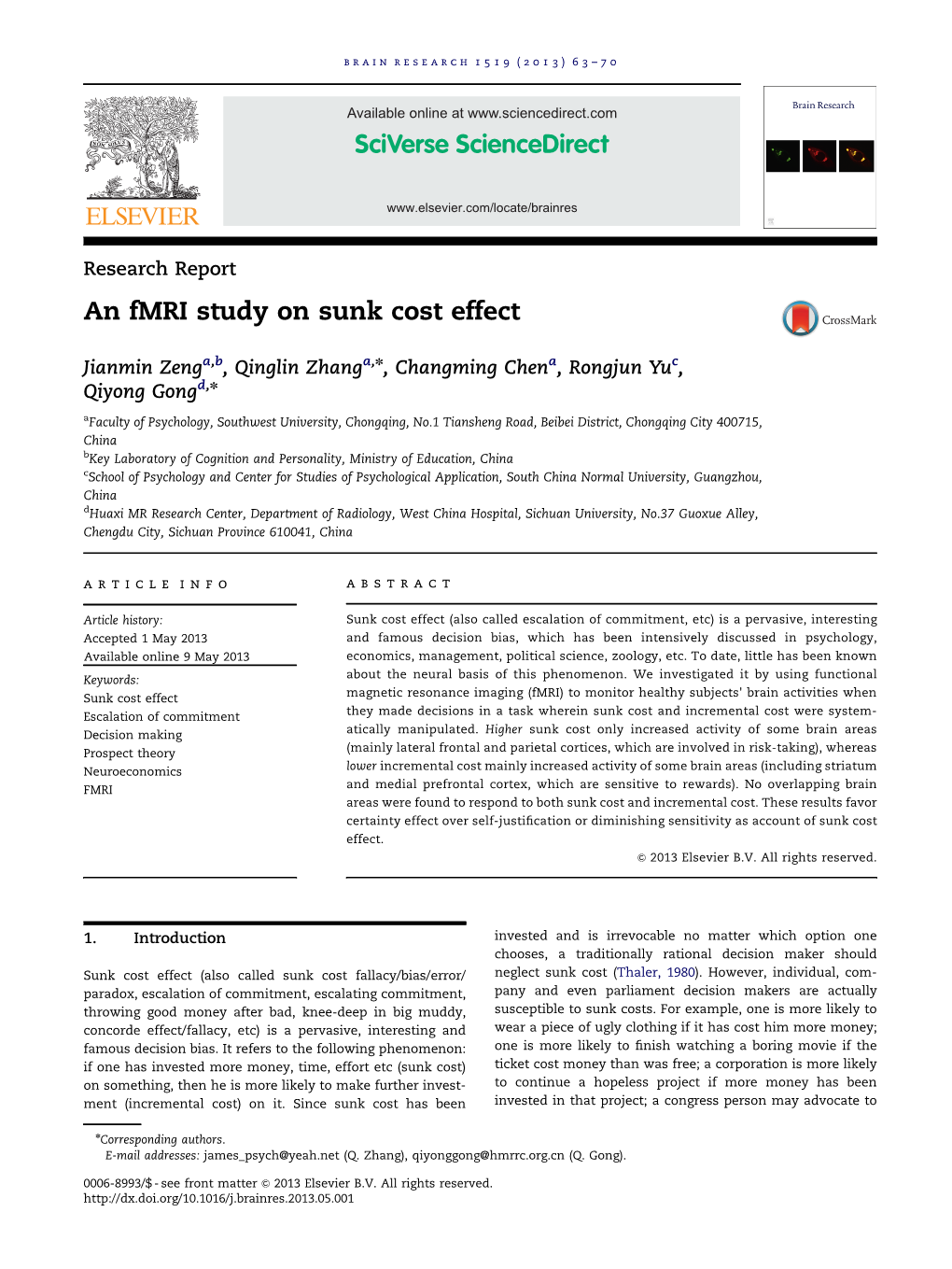 An Fmri Study on Sunk Cost Effect