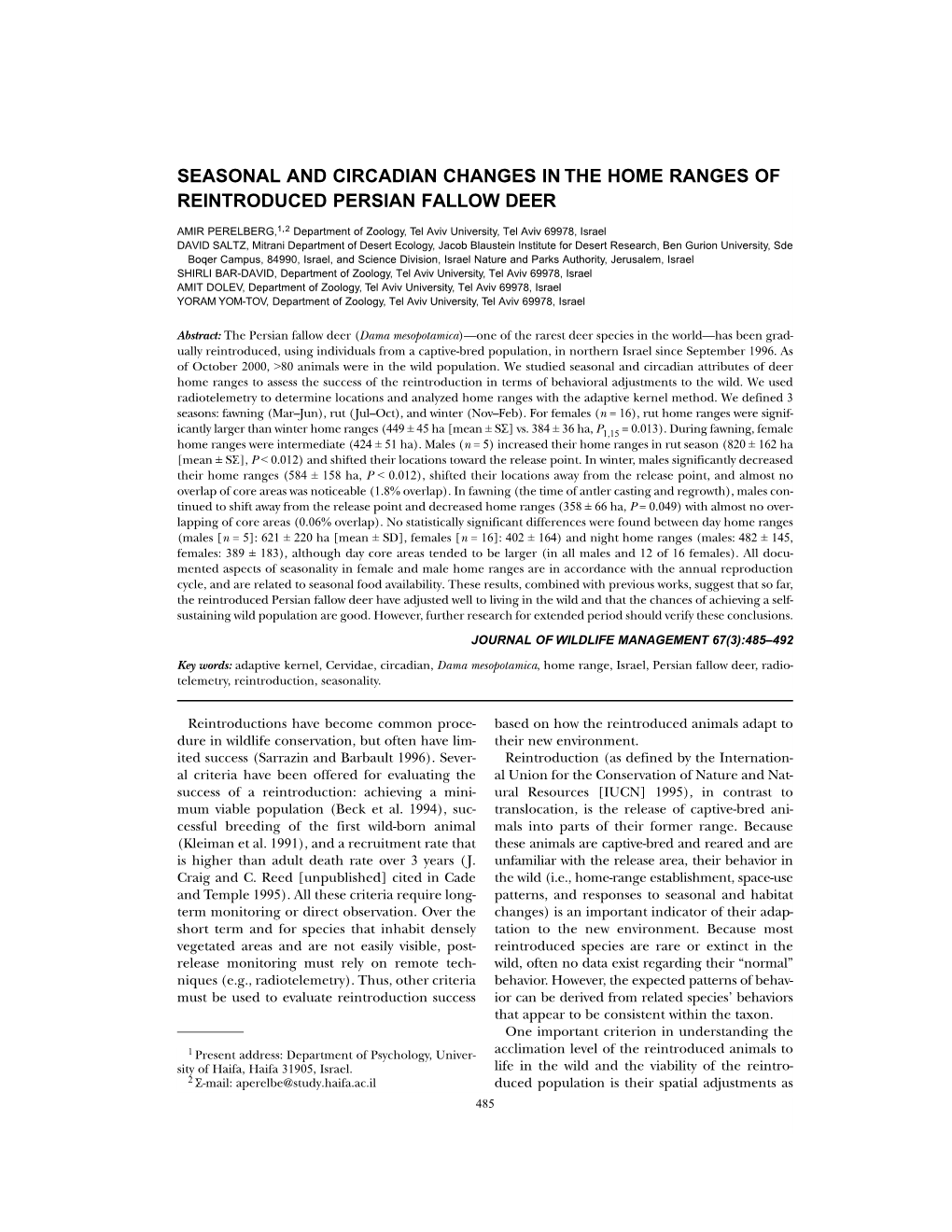 Seasonal and Circadian Changes in the Reintroduced Persian Fallow Deer