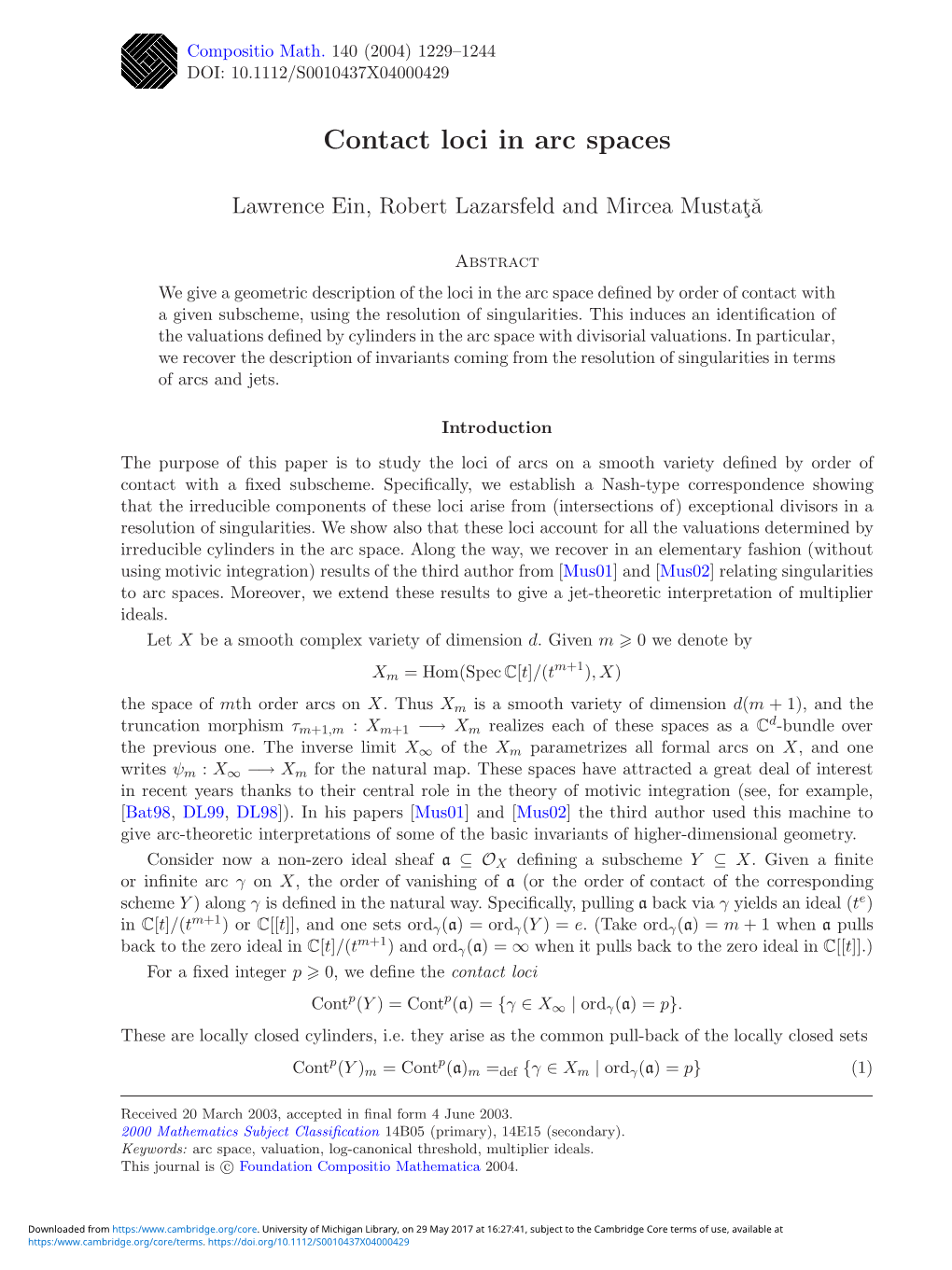 Contact Loci in Arc Spaces