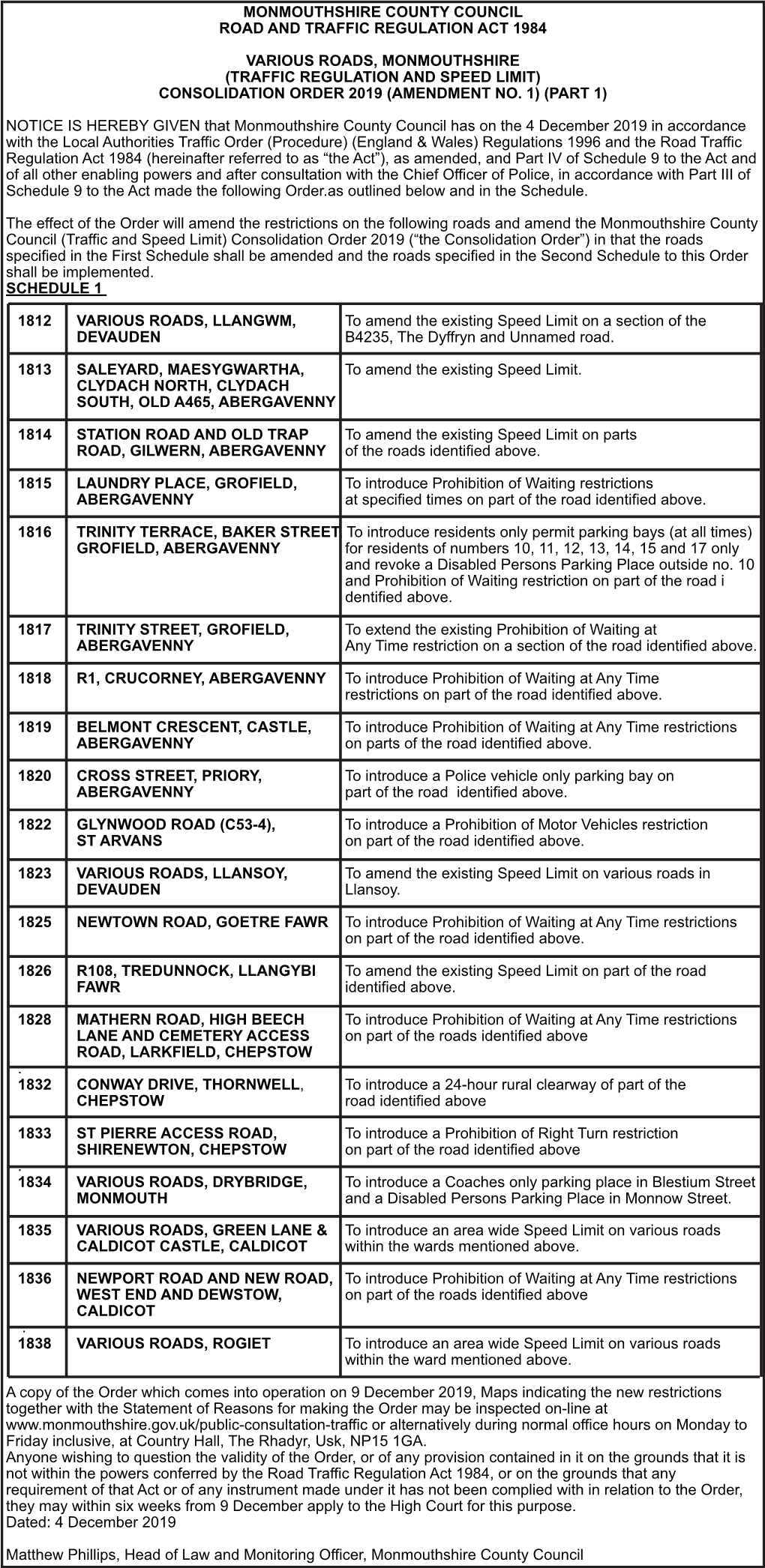 Traffic Regulation and Speed Limit) Consolidation Order 2019 (Amendment No