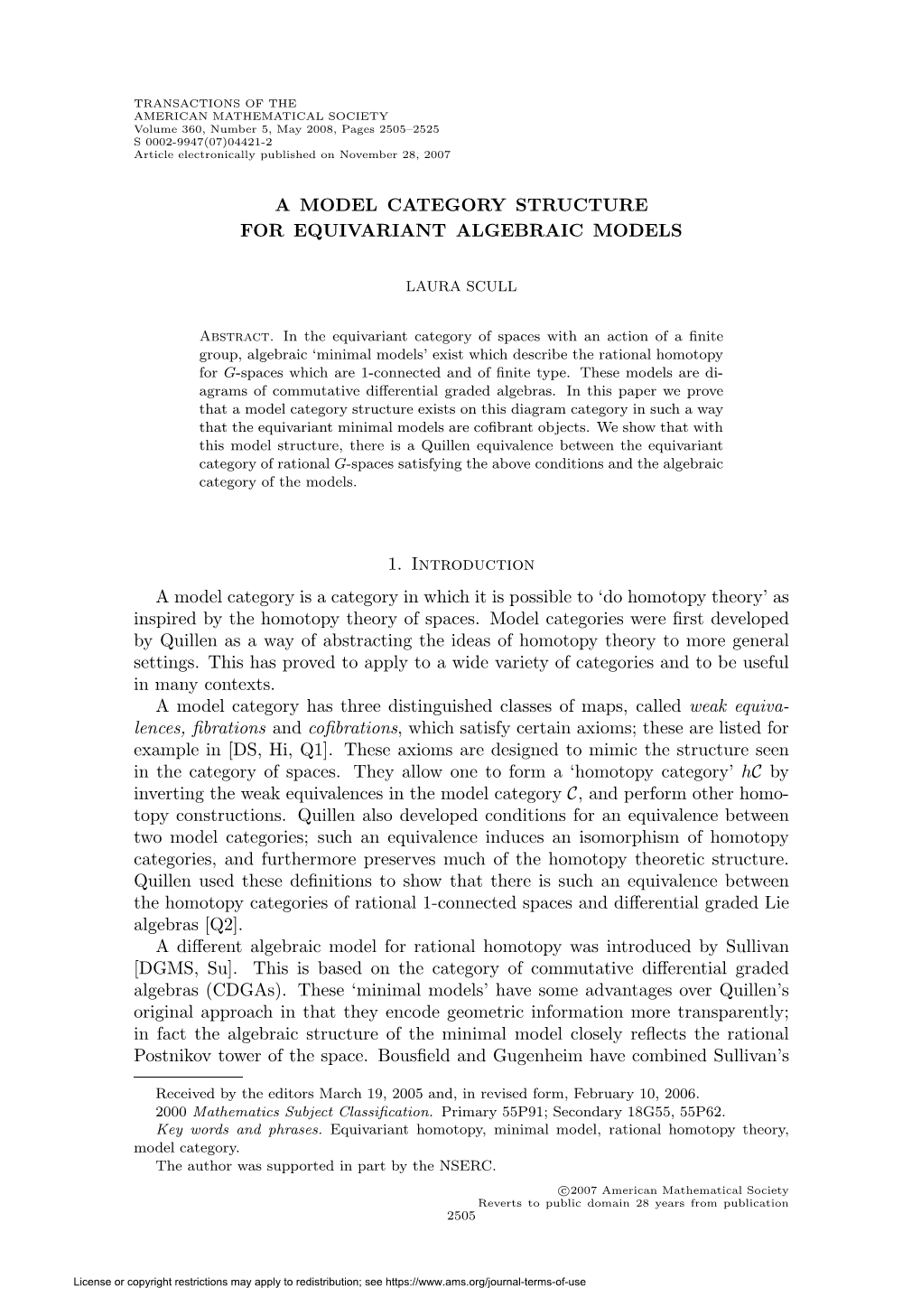 A Model Category Structure for Equivariant Algebraic Models