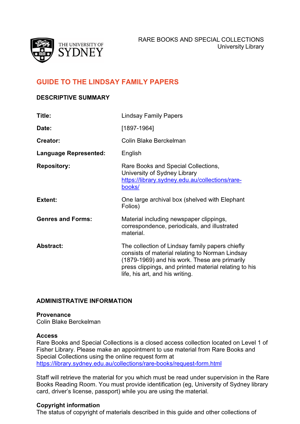 Guide to the Lindsay Family Papers
