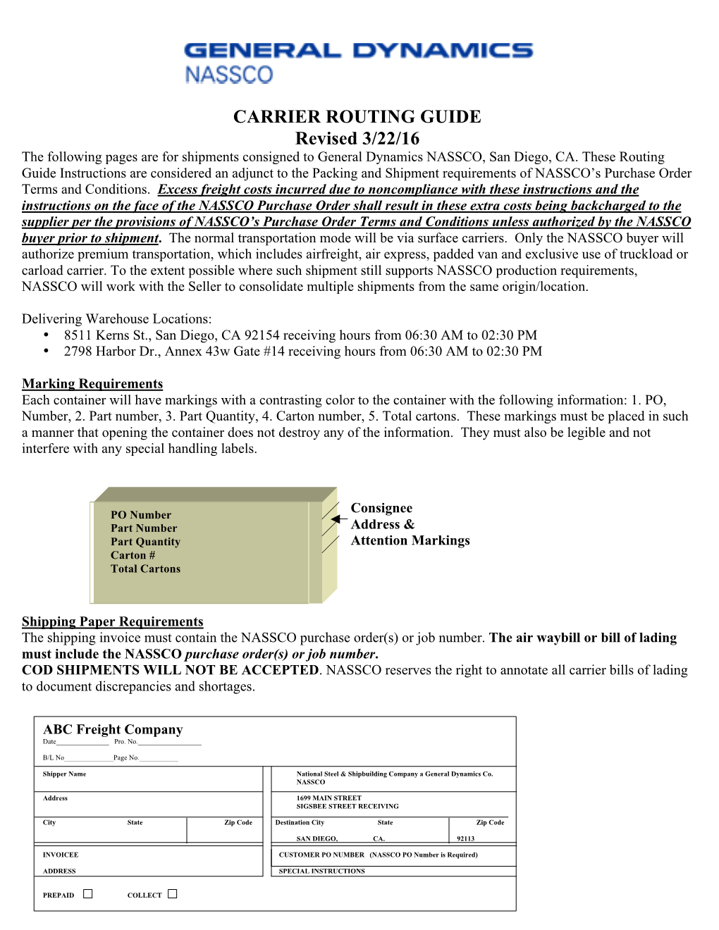 CARRIER ROUTING GUIDE Revised 3/22/16 the Following Pages Are for Shipments Consigned to General Dynamics NASSCO, San Diego, CA