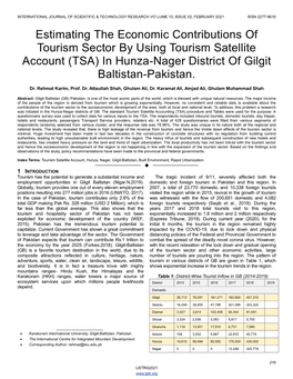 Estimating the Economic Contributions of Tourism Sector by Using Tourism Satellite Account (TSA) in Hunza-Nager District of Gilgit Baltistan-Pakistan