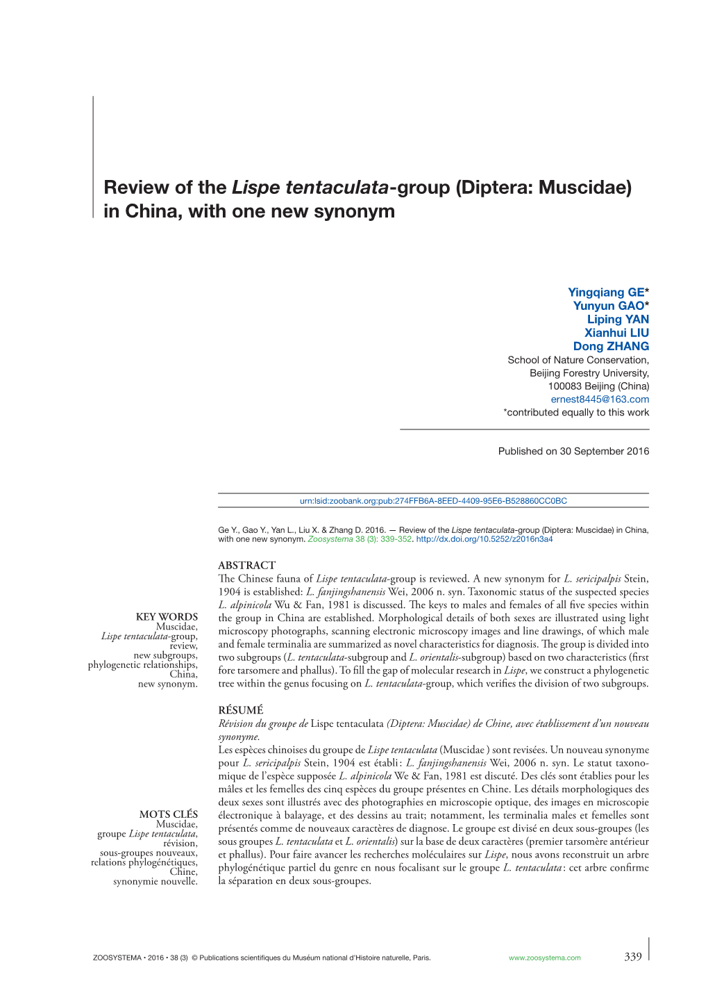 Review of the Lispe Tentaculata-Group (Diptera: Muscidae) in China, with One New Synonym