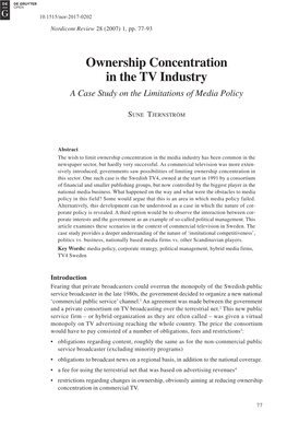 Ownership Concentration in the TV Industry a Case Study on the Limitations of Media Policy