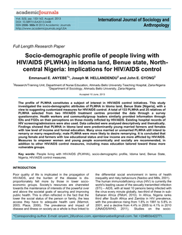 Socio-Demographic Profile of People Living with HIV/AIDS (PLWHA) in Idoma Land, Benue State, North- Central Nigeria: Implications for HIV/AIDS Control