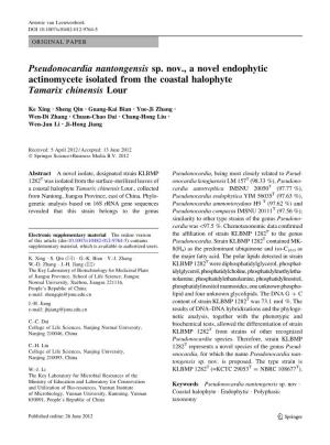 Pseudonocardia Nantongensis Sp. Nov., a Novel Endophytic Actinomycete Isolated from the Coastal Halophyte Tamarix Chinensis Lour