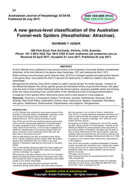 A New Genus-Level Classification of the Australian Funnel-Web Spiders (Hexathelidae: Atracinae)