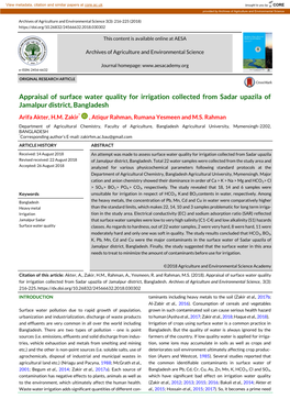 Appraisal of Surface Water Quality for Irrigation Collected from Sadar Upazila of Jamalpur District, Bangladesh Arifa Akter, H.M