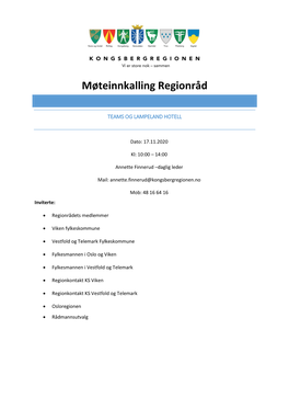 Møteinnkalling Regionråd 17.11.2020