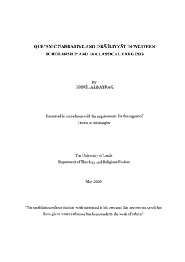 Qur'anic Narrative and Israiliyyat in Western Scholarship and in Classical Exegesis