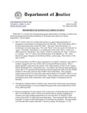 Department of Justice Fact Sheet on Ms-13