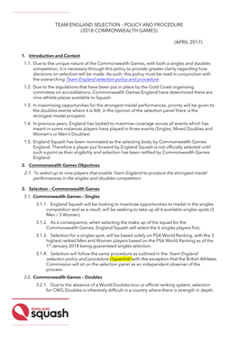 Team England Selection – Policy and Procedure (2018 Commonwealth Games)