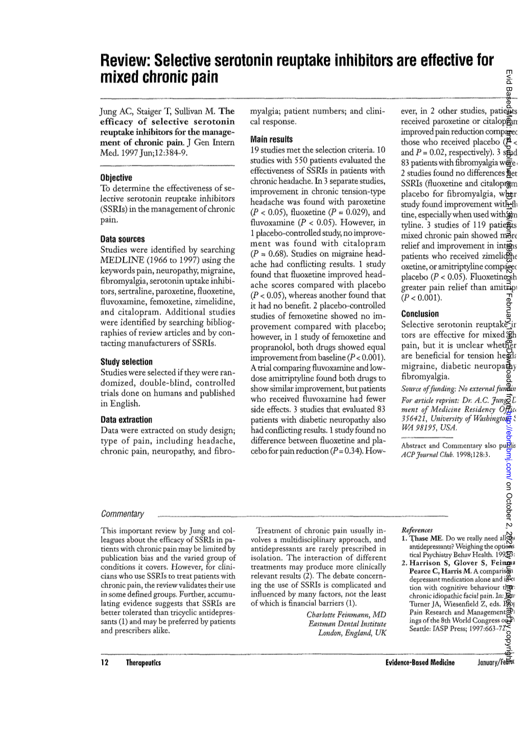 Selective Serotonin Reuptake Inhibitors Are Effective for Mixed Chronic Pain