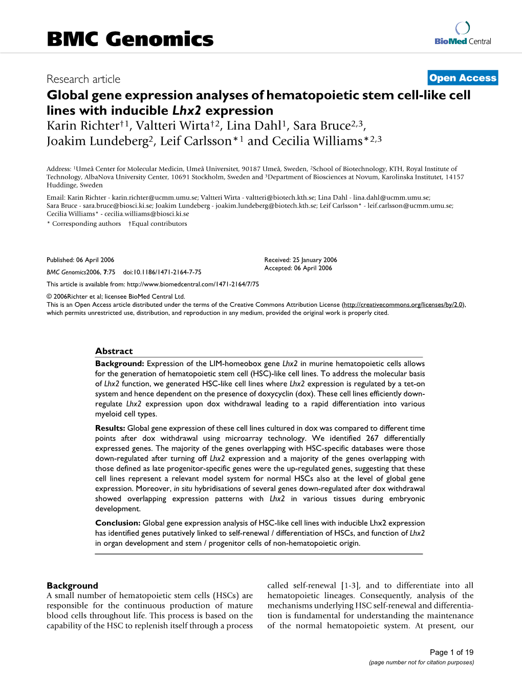 Global Gene Expression Analyses of Hematopoietic Stem Cell-Like Cell Lines with Inducible Lhx2 Expression