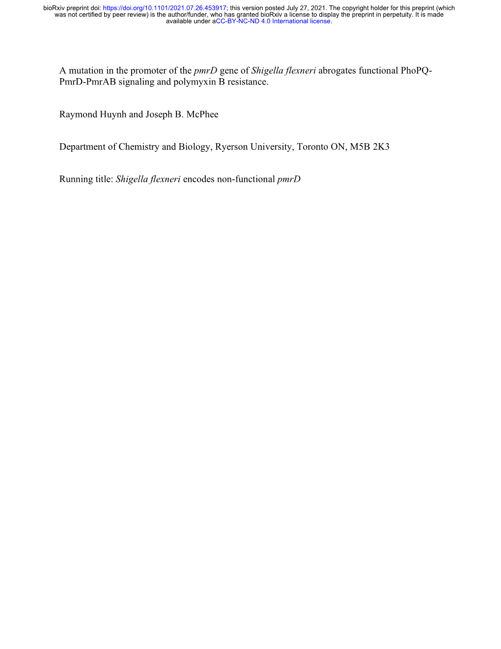 A Mutation in the Promoter of the Pmrd Gene of Shigella Flexneri Abrogates Functional Phopq- Pmrd-Pmrab Signaling and Polymyxin B Resistance