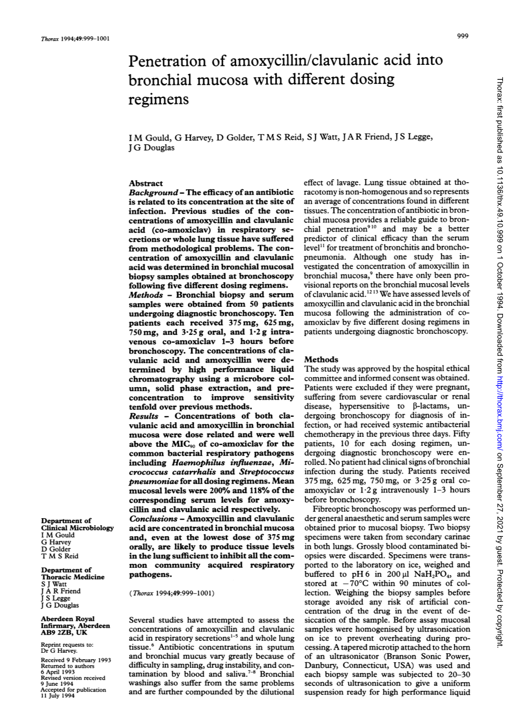 Penetration of Amoxycillin/Clavulanic Acid Into Bronchial Mucosa with Different Dosing Thorax: First Published As 10.1136/Thx.49.10.999 on 1 October 1994